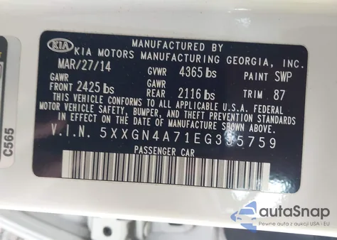 2014 Kia Optima Ex из США, поврежденный, VIN 5XXGN4A71EG335759